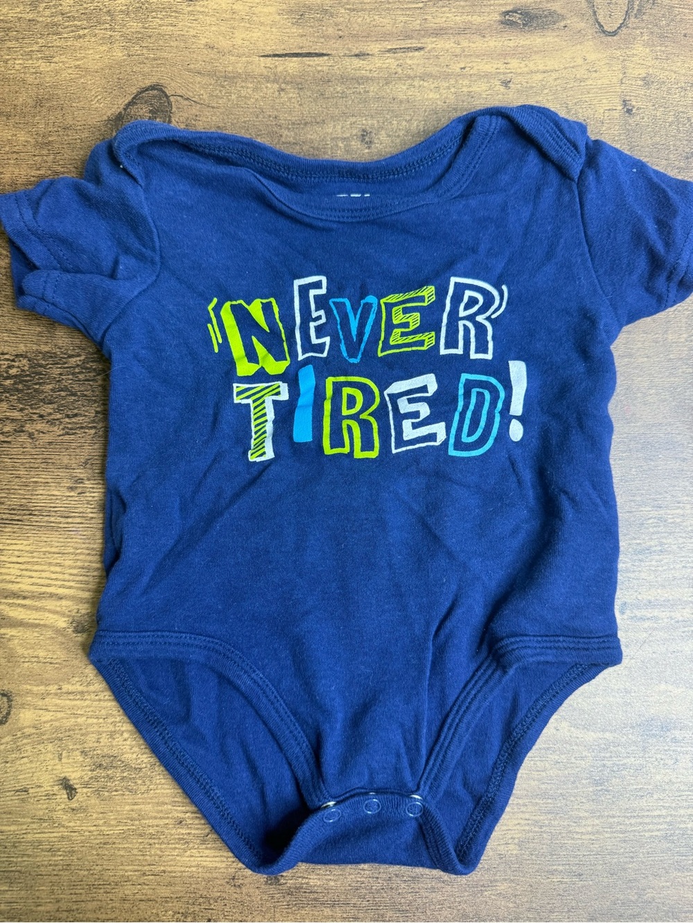 ⭐️5 for $20⭐️ Monkey Bars Navy 'Never Tired!' Onesie Bodysuit 6-9M